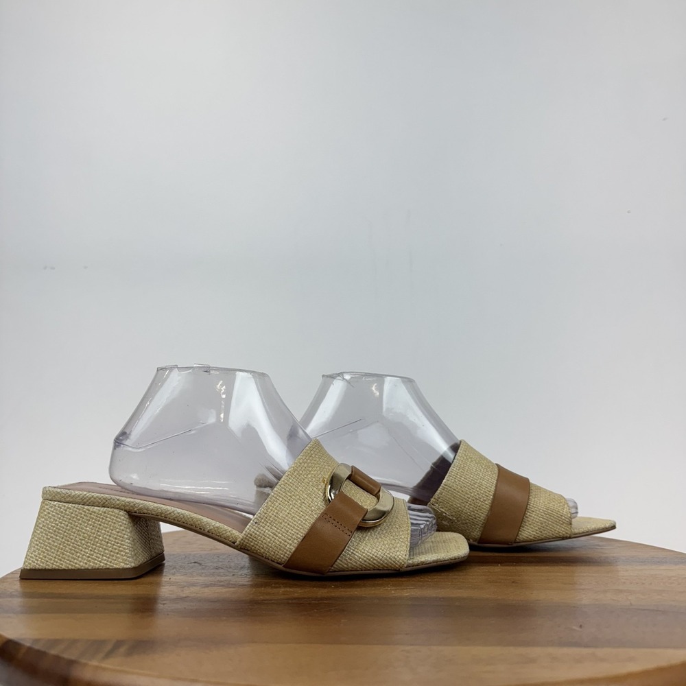 Womens Nordstorm Birdie Beige Raffia Buckle Heeled Slide Sandals Size 10 M GUC